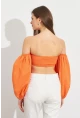 Kadın Turuncu Balon Kol Crop Bluz ROP111