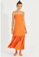 Kadın Turuncu Eteği Volanlı Askılı Midi Elbise MEN2001