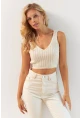 Kadın Vanilya Ön Arka V Triko Crop Bluz MP20136