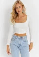 Kadın Beyaz Kare Yaka Crop Bluz CG362