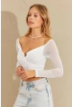Kadın Beyaz Kolları Tül Crop Bluz CG315