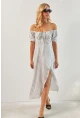 Kadın Beyaz Yırtmaçlı Desenli Midi Elbise KED0243