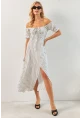 Kadın Beyaz Yırtmaçlı Desenli Midi Elbise KED0243