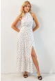 Kadın Beyaz Yırtmaçlı Puantiyeli Midi Elbise KED4233