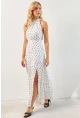 Kadın Beyaz Yırtmaçlı Puantiyeli Midi Elbise KED4233
