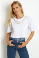 Kadın Beyaz Zincir Aksesuarlı Kısa T-Shirt HT109