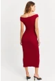 Kadın Bordo Asimetrik Yaka Gofre Midi Elbise MOD2358