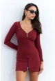 Kadın Bordo Fermuarlı Kaşkorse Mini Elbise EY2530