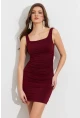 Kadın Bordo Kare Yaka Büzgülü Mini Elbise FRY2308