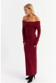 Kadın Bordo Madonna Yaka Kaşkorse Maxi Elbise HOL1