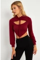 Kadın Bordo Pencereli Kapüşonlu Crop Bluz TF08