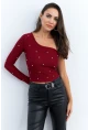 Kadın Bordo Taşlı Tek Kol Crop Bluz HOL2