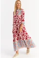 Kadın Bordo Volanlı Desenli Maxi Elbise YLE14