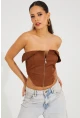 Kadın Bronz Fermuarlı Straplez Crop Bluz SF2502