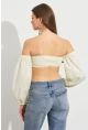 Kadın Butter Yellow Balon Kol Crop Bluz Rop111