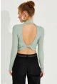 Kadın Çağla Yeşili Sırtı Düğümlü Kaşkorse Crop Bluz AYD254