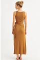 Kadın Camel Büzgülü Kolsuz Midi Elbise TF75