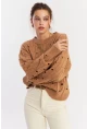 Kadın Camel Çizgili Yırtık Triko Kazak PP2342