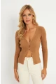 Kadın Camel Düğmeli Triko Bluz YV94