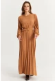 Kadın Camel Kemerli Plili Maxi Elbise ALZ500