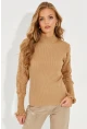 Kadın Camel Kolları Ajurlu Triko Bluz SMT218