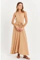 Kadın Camel Kruvaze Bürümcük Maxi Elbise EY3053