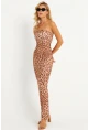 Kadın Camel Leopar Desenli Midi Straplez Yılbaşı Elbise XC001