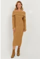 Kadın Camel Madonna Yaka Triko Midi Elbise KZ2503