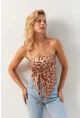 Kadın Camel Önü Büzgülü Leopar Crop Bluz MON137