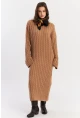 Kadın Camel Saç Örgülü Triko Midi Elbise KZ541