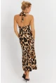 Kadın Camel-Siyah Boyun Bağlamalı Leopar Desenli Midi Elbise EY2897