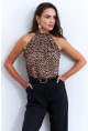 Kadın Camel-Siyah Halter Yaka LeoparDesenli Bluz LPP1273