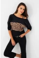 Kadın Camel-Siyah Kadife Bloklu Leopar Desenli Sweatshirt ST097