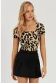 Kadın Camel-Siyah Kare Yaka Leopar Desenli Bluz LPP1258