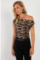 Kadın Camel-Siyah Kayık Yaka Leopar Bluz LPP1288