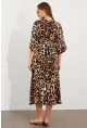 Kadın Camel-Siyah Kruvaze Leopar Midi Elbise KAB306
