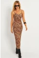 Kadın Camel-Siyah Leopar Askılı Maxi Yılbaşı Elbise GÇ184