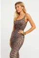 Kadın Camel-Siyah Leopar Desenli Maxi Elbise MEN2052