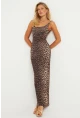Kadın Camel-Siyah Leopar Desenli Maxi Elbise MEN2052