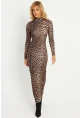 Kadın Camel-Siyah Leopar Desenli Maxi Yılbaşı Elbise LİK07