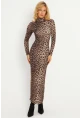 Kadın Camel-Siyah Leopar Desenli Maxi Yılbaşı Elbise LİK07