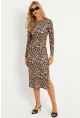 Kadın Camel-Siyah Leopar Desenli Midi Elbise YLE31