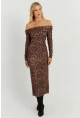 Kadın Camel-Siyah Leopar Madonna Midi Elbise RMZ21254