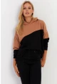 Kadın Camel-Siyah Renk Bloklu Kapüşonlu Sweatshirt DA148