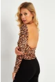 Kadın Camel-Siyah Sırtı Açık Leopar Desenli Bluz GÇ187