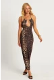 Kadın Camel-Siyah Sırtı Açık Leopar Midi Elbise MEN2060