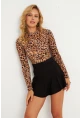 Kadın Camel-Siyah Sırtı Detaylı Leopar Desenli Bluz GÇ179