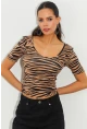 Kadın Camel-Siyah Zebra Desenli Bluz LPP1224