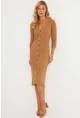 Kadın Camel Triko Midi Gömlek Elbise YV274