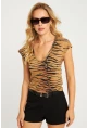 Kadın Camel V Yaka Desenli Bluz LPP1285